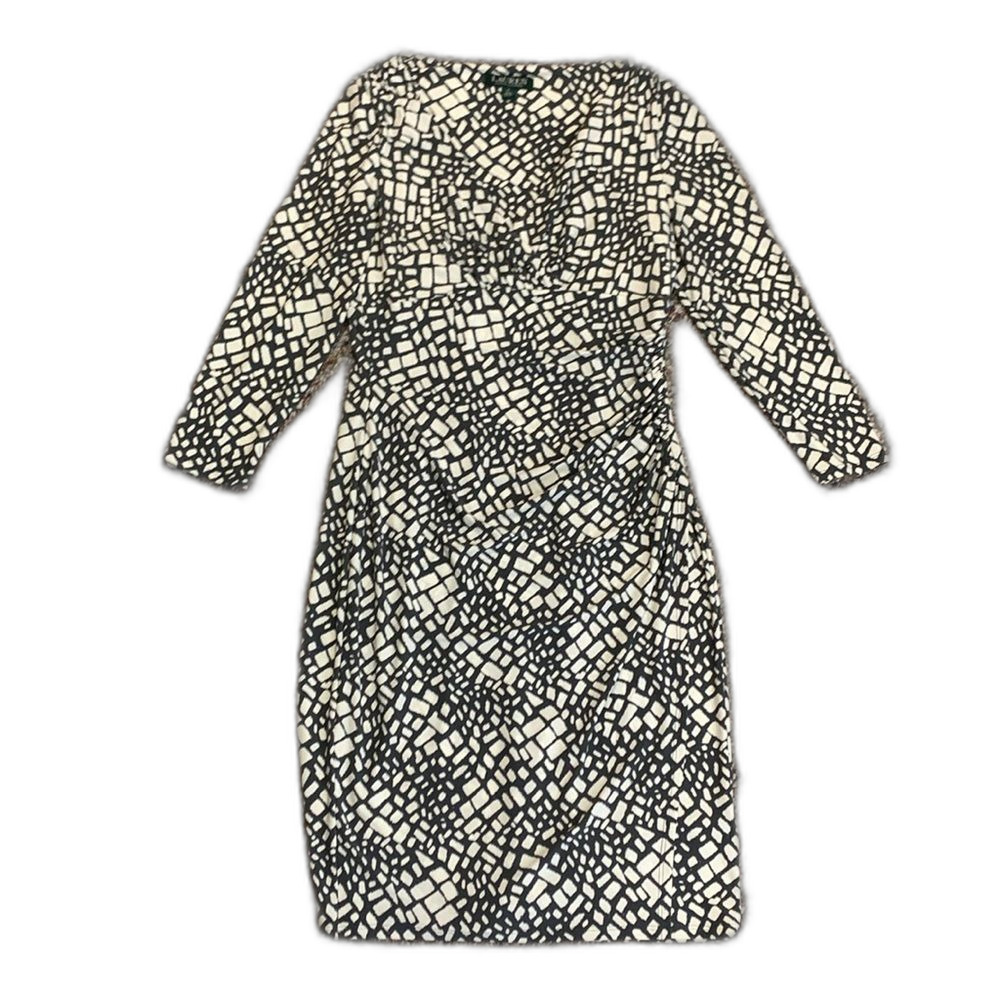 Lauren Ralph Lauren Ivory Gray Geo Print Faux Wrap Ruched Midi Dress Size 6 - Picture 3 of 14